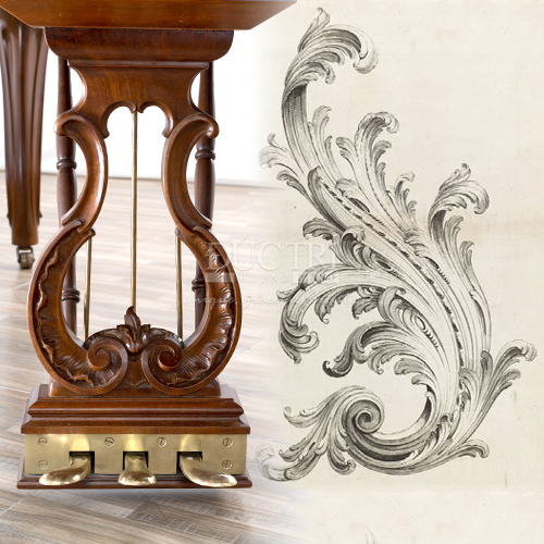 Phong cách Louis XV đậm nét cổ điện được thể hiện qua họa tiết hoa lan tây trên đàn Piano Steinway & Sons Louis XV