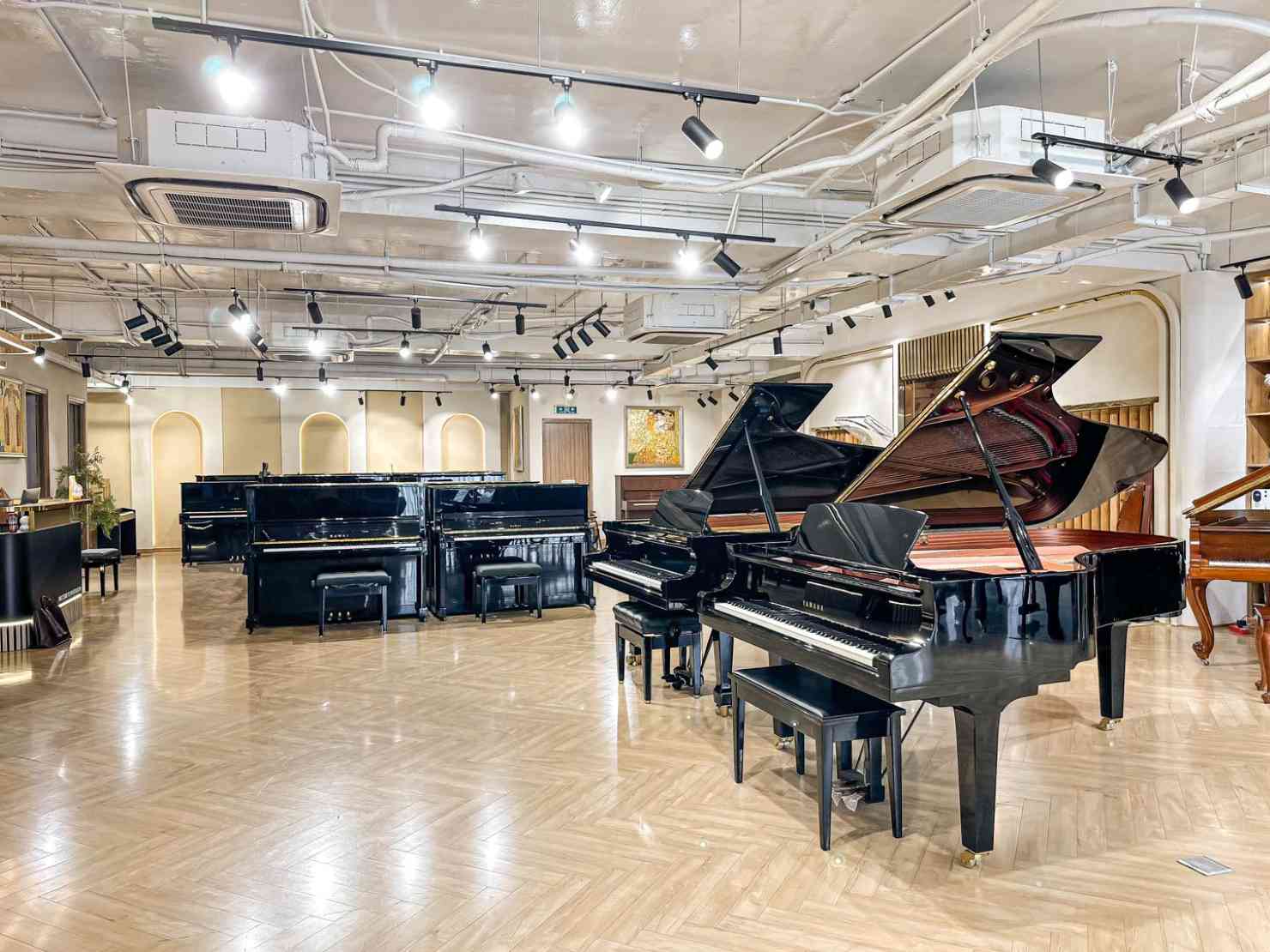 Hình ảnh 1 góc của showroom Piano Đức Trí trưng bày những chiếc đàn piano Cơ Upright và Grand