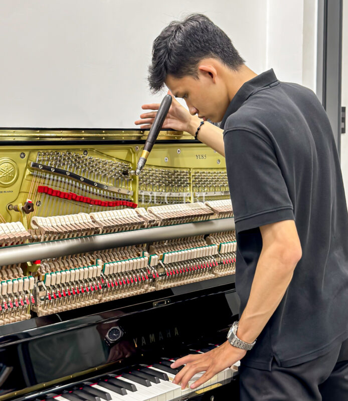 6 lỗi thường gặp ở đàn piano cơ và cách khắc phục 7 Nhân viên Piano Đức Trí đang bảo trì dây đàn